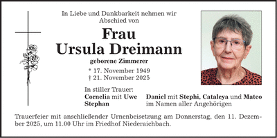 Traueranzeige Ursula Dreimann