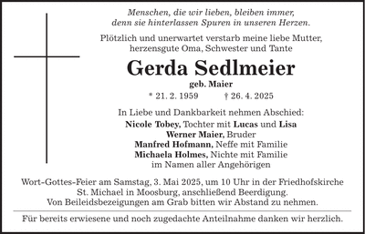 Traueranzeige Gerda Sedlmeier