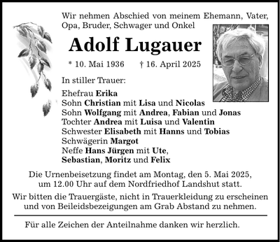 Traueranzeige Adolf Lugauer