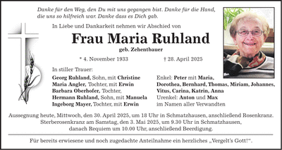 Traueranzeige Maria Ruhland