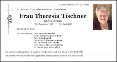 Traueranzeige Theresia Fischer