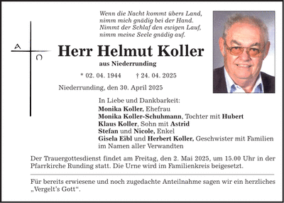 Traueranzeige Helmut Koller
