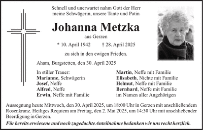 Traueranzeige Johanna Metzka