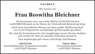 Traueranzeige Roswitha Bleichner