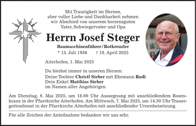 Traueranzeige Josef Steger