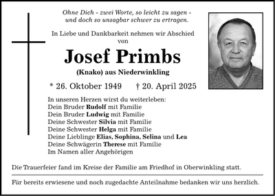 Traueranzeige Josef Primbs