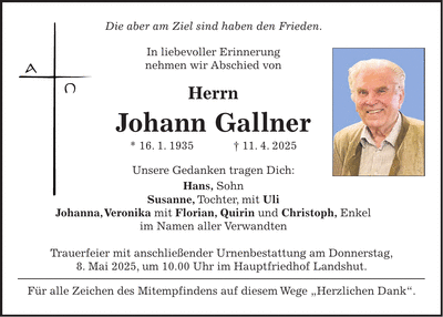 Traueranzeige Johann Gallner