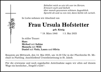 Traueranzeige Ursula Hofstetter