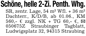 Schöne, helle 2-Zi. Penth. Whg.SR, zentr. Lage, 54 m² Wfl. + 36 m² Dachterr., K/D/B, ab 01.06., KM 560,- € zzgl. NK + TG 60,- €, _ 050675Z Straubinger Tagblatt, Ludwigsplatz 32, 94315 Straubing