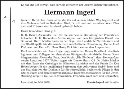 Traueranzeige Hermann Ingerl