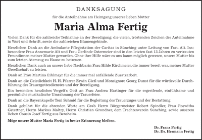 Traueranzeige Maria Alma Fertig