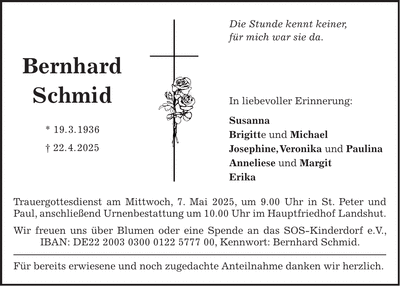 Traueranzeige Bernhard Schmid
