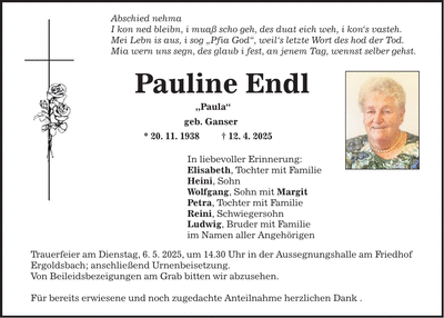 Traueranzeige Pauline Endl