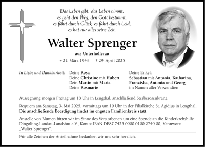 Traueranzeige Walter Sprenger