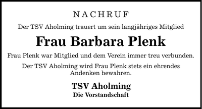 Traueranzeige Barbara Plenk