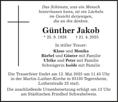 Traueranzeige Günther Jakob
