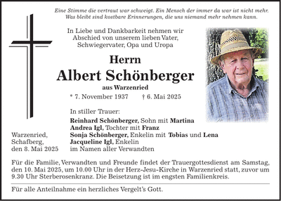 Traueranzeige Albert Schönberger