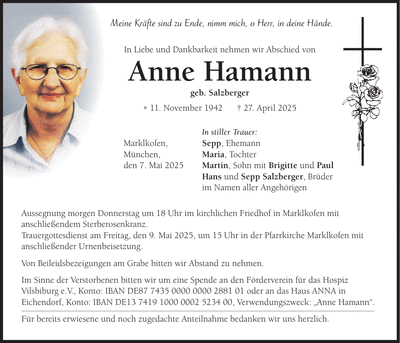 Traueranzeige Anne Hamann