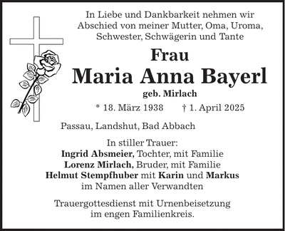 Traueranzeige Maria Anna Bayerl