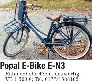 Popal E-Bike E-N3Rahmenhöhe 47cm, neuwertig,VB 1.500 €; Tel. 0177/1588182