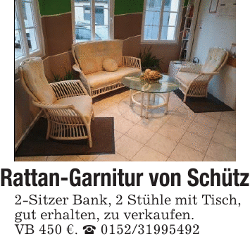 Rattan-Garnitur von Schütz2-Sitzer Bank, 2 Stühle mit Tisch,gut erhalten, zu verkaufen.VB 450 €. _ 0152/31995492