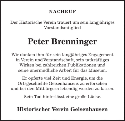 Traueranzeige Peter Brenninger