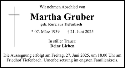 Traueranzeige Martha Gruber