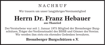 Traueranzeige Dr. Franz Hebauer