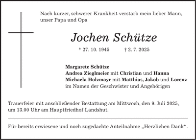 Traueranzeige Jochen Schütze