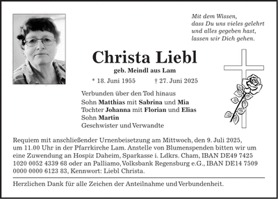 Traueranzeige Christa Liebl