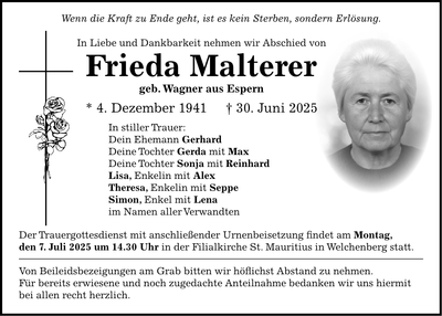Traueranzeige Frieda Malterer