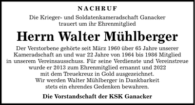Traueranzeige Walter Mühlberger