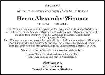 Traueranzeige Alexander Wimmer
