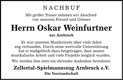 Traueranzeige Oskar Weinfurtner