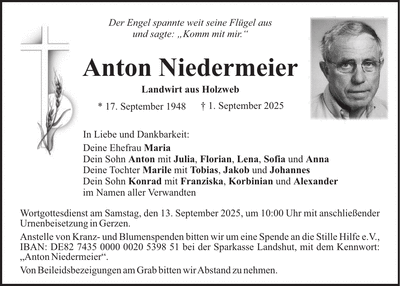 Traueranzeige Anton Niedermeier