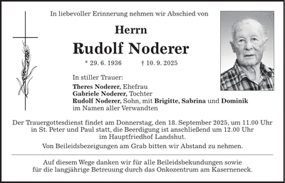 Traueranzeige Rudolf Noderer