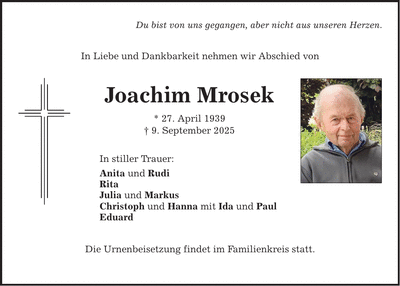 Traueranzeige  Joachim  Mrosek