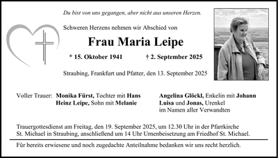Traueranzeige Maria Leipe