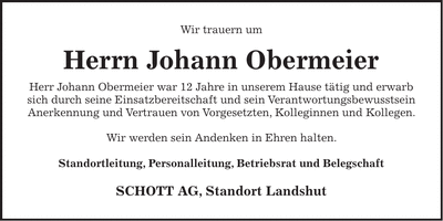 Traueranzeige Johann Obermeier