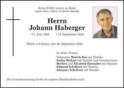 Traueranzeige Johann Haberger