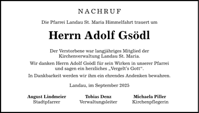 Traueranzeige Adolf Gsödl