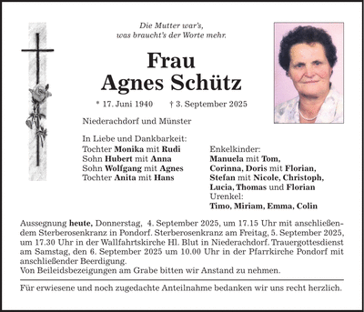 Traueranzeige Agnes Schütz