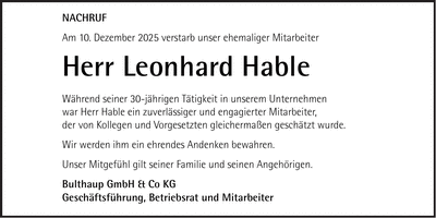 Traueranzeige Leonhard Hable