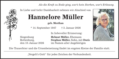 Traueranzeige Hannelore Müller