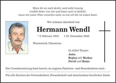 Traueranzeige Hermann Wendl