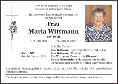 Traueranzeige Maria Wittmann