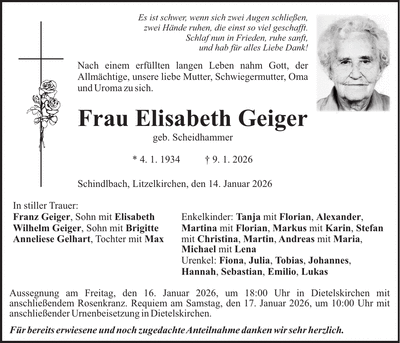 Traueranzeige Elisabeth Geiger