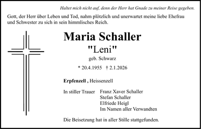 Traueranzeige Maria Schaller
