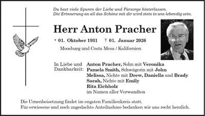 Traueranzeige Anton Pracher