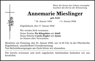 Traueranzeige Annemarie Mieslinger